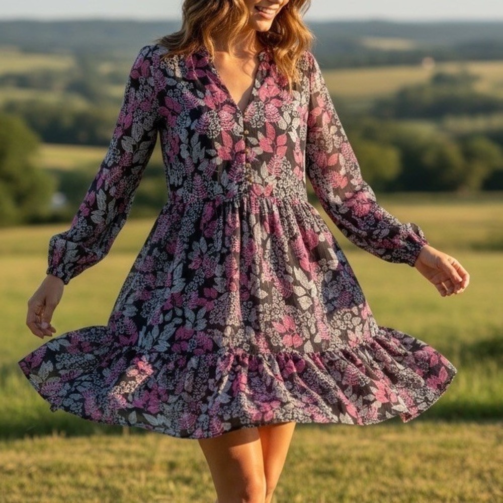LOFT Women Navy Pink Leaf Print Tiered Mini Dress‎ Long Sleeve Sz M Button Front